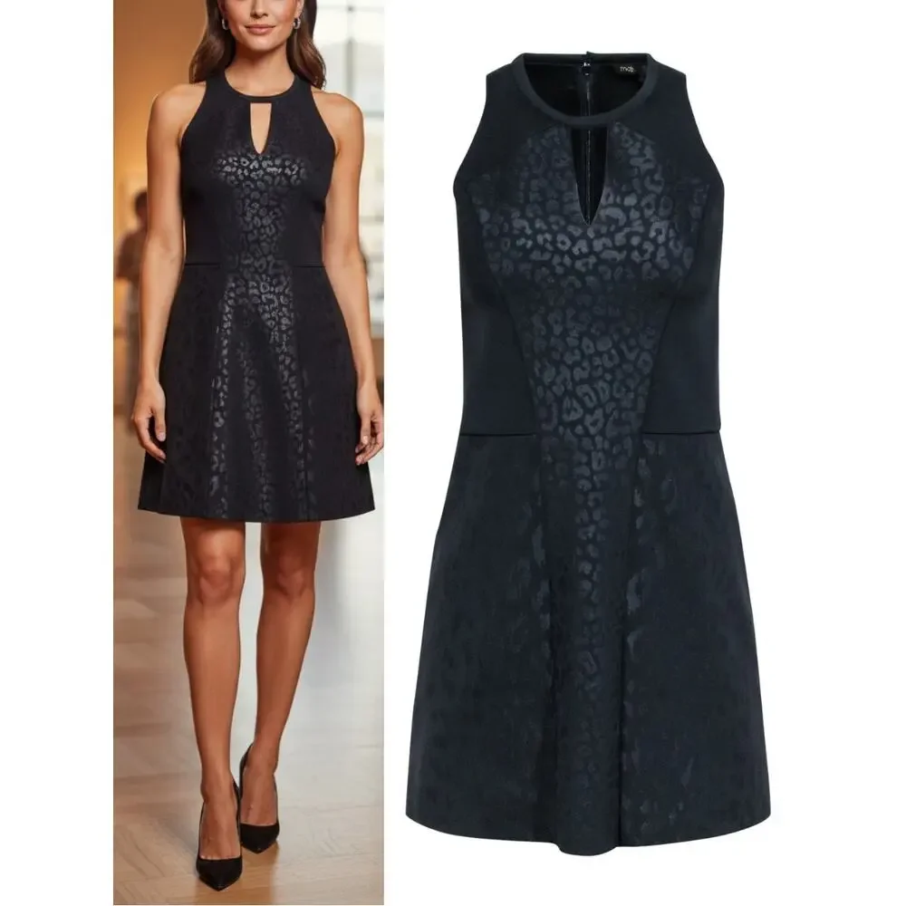 MAJE Leopard Print Scuba Knit Neoprene A-Line Dress Size Medium Black - Picture 1 of 8